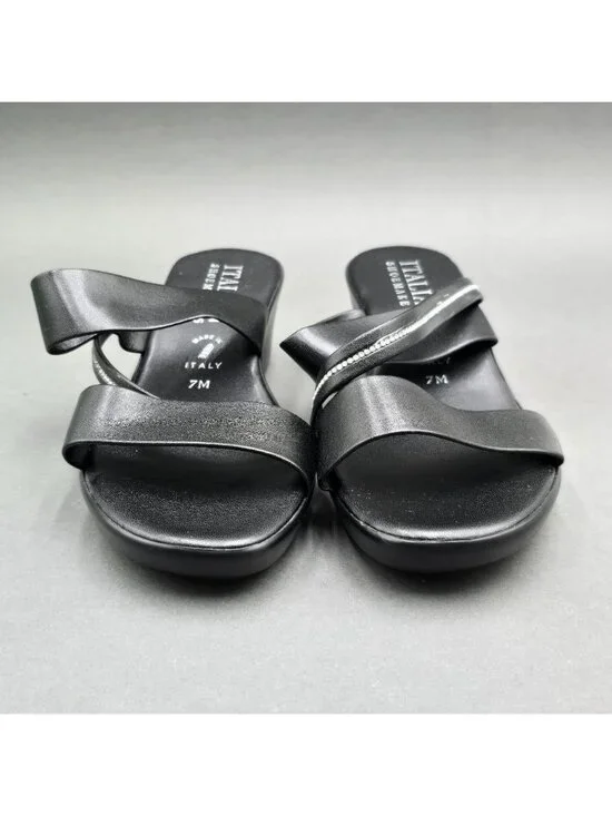 Italian Shoemakers Remus Black Slide Sandals Size 7 M Crystal Trim Wedge Heel - Picture 3 of 8